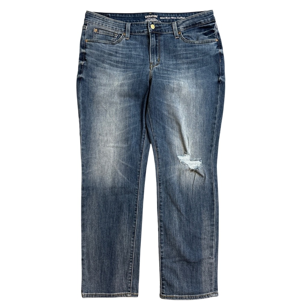 Levi Strauss Womens Mid-Rise Slim Cuffed Distressed Jeans Blue 14, W32